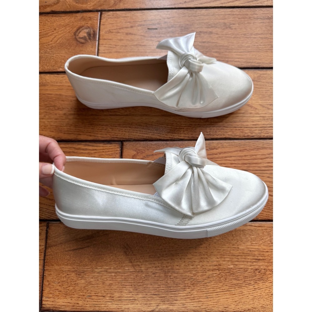 Fever Sole Slip On Sneakers Womens White Satin Bow Bridal‎ Dressy Casual Shoes